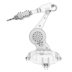 Robotic arm for any work in a factory or production. Mechatronic equipment for complex tasks. 3d illustration.