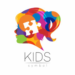 Modern Vector logotype Girl head with Puzzle inside brain in Rainbow Color . Logo sign of Psychology. Profile Human. Creative style. Symbol in vector. Design concept.