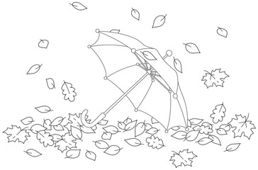 Toy kids umbrella among fallen autumn leaves in a park, black and white outline vector cartoon illustration for a coloring book page