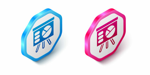 Isometric Presentation financial business board with graph, schedule, chart, diagram, infographic, pie graph icon isolated on white background. Hexagon button. Vector