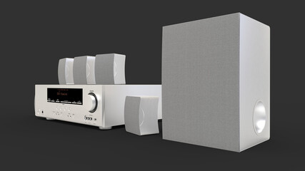 DVD receiver and home theater system with speakers and subwoofer made of aluminum. 3d illustration.