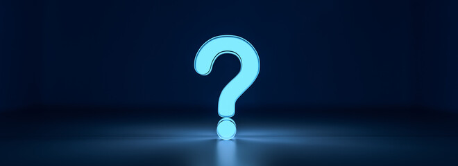 Blue glowing question mark on dark background with empty copy space, FAQ Concept. 3D Rendering