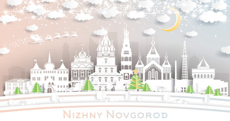 Nizhny Novgorod Russia City Skyline in Paper Cut Style with Snowflakes, Moon and Neon Garland.