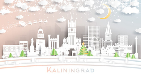 Kaliningrad Russia City Skyline in Paper Cut Style with Snowflakes, Moon and Neon Garland.