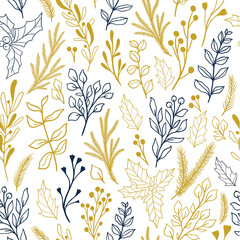 Winter seamless botanical pattern with Christmas plants and berries, mistletoe, poinsettia,eucalyptus, holly. Vintage doodle fabric pattern, New year wrapping paper. Rustic style vector illustration.