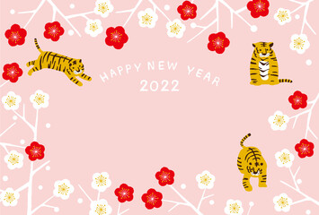 2022年　寅年年賀状　枝梅とトラ