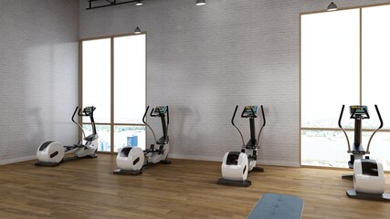 White blank wall in modern gym interior with wooden floor