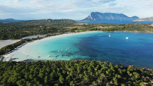 white sandy sea shore ignoring the island of Tavolara. delicate blue water, exceptionally sound backwoods, green plants. exceptionally well known with vacationers, incredible for a heartfelt walk