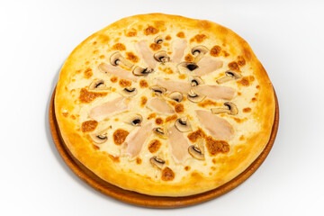 Pizza with chicken and mushrooms on a white background