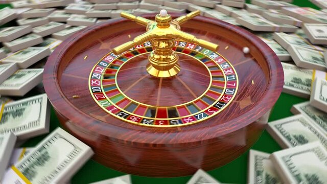 A gambler wins a lot of dollars money at casino roulette wheel. Placing bet in cash on a red or black number in a roulette gambling game at an luxury casino. Winner getting jackpot, 3d animation.
