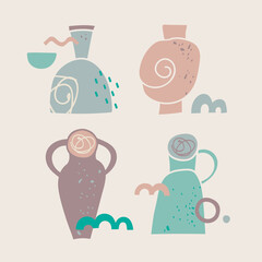 A set of four vessels and abstract elements. Ceramic dishes for interior decoration. Design for cosmetics, spa and perfume. Best for textile, wrapping paper, post cards, advertising, packaging.