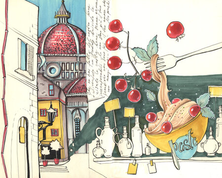 Fototapeta hand drawing sketch with markers italian landmarks european street cathedral and country cuisine pasta with tomatoes spices and oil