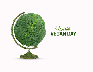 3D World Vegan Day- vegetarian day with broccoli concept. World diabetes day. Vegetables for a...