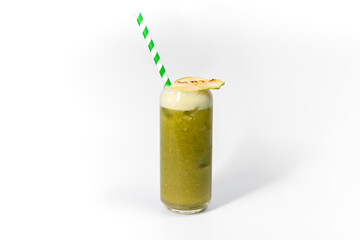 Apple - Celery fresh in a long transparent glass on a white background with a white-green tube