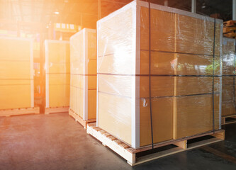 Package Boxes Wraaped Plastic Film on Pallets in Storage Warehouse. Supply Chain. Storehouse Cargo Shipment. Shipping Warehouse Logistics.