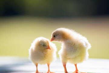 夏の公園のベンチで遊んでいる可愛いヒヨコの姿