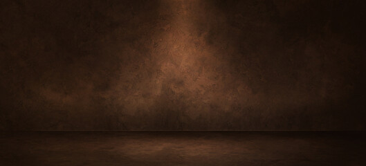 Dark brown showroom with rough cement concrete floor and grunge wall background