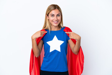 Super Hero caucasian woman isolated background with surprise facial expression