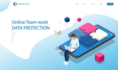 Isometric people connecting puzzle elements. Business teamwork, cooperation, partnership. Team work, team building, corporate organization. Puzzle teamwork.
