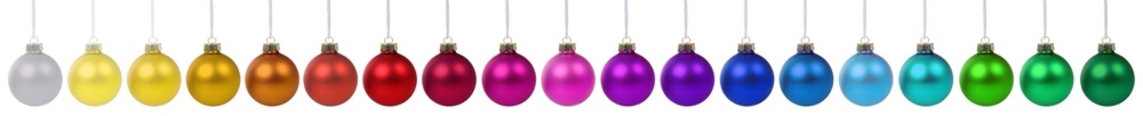 Christmas balls decoration banner colorful in a row isolated on white