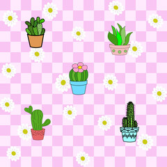 Cactus isolate on Gingham ,Scott seamless pattern. Texture from rhombus,squares for dress, paper,clothes,tablecloth.,net, grid.Copy space for your text and your business.