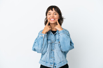 Fototapeta premium Young mixed race woman isolated on white background smiling with a happy and pleasant expression