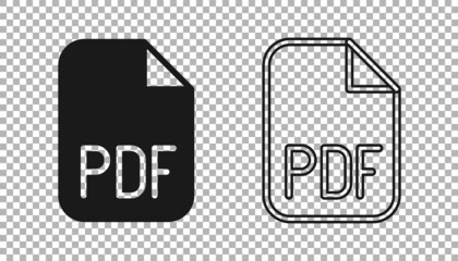 Black PDF file document. Download pdf button icon isolated on transparent background. PDF file symbol. Vector