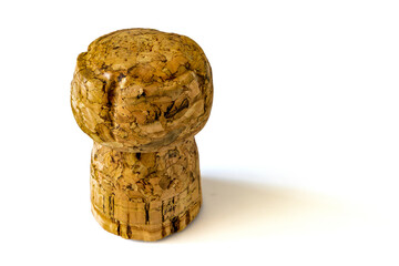 Champagne cork on a white background up close,