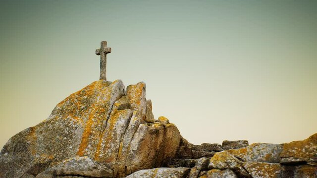 stone cross on the rock Beg Ar Groas