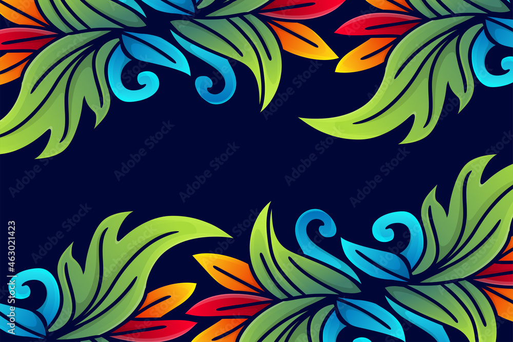 Poster frame background with plants and leaves with text copy space, isolated on dark blue color background