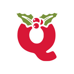 Red letter q with mistletoe, Christmas lettering vector clip art isolated on white background
