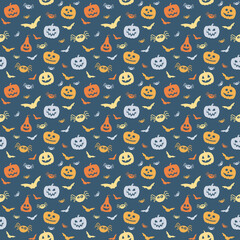 Naklejka premium Halloween pattern with funny pumpkins, bats and spiders. Wallpaper. Vector