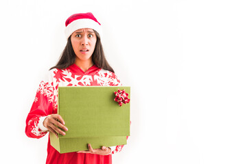 christmas gift become a bad santa idea on a unhappy woman, ugly sweater for christmas celebration