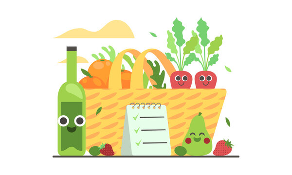 Panier l&eacute;gumes fruits huile d'olive frais bio organique orange liste alimentation commerce vente sourire mignon enfant poire radis march&eacute;