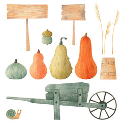 Watercolor Set of Hand Drawn Autumn Illustrations with separated elements such as pumpkin, squah, huge rural cart, sign, acorn, cup, steppe dry herbs on a white background. Country vintage clipart set