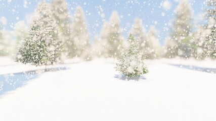 Christmas winter background snowflakes falling down on fir-trees bokeh 3d render