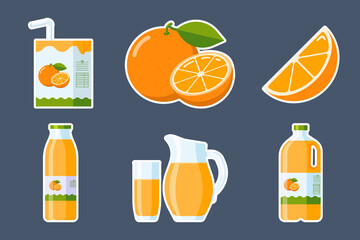 Orange Fruit and Juice Stickers Set. Collection of Flat Style citrus elemens: orange slice and whole fruit, orange juice packages