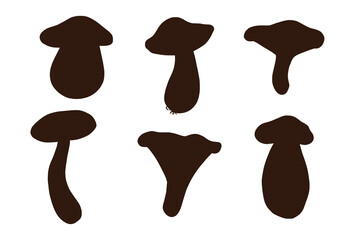 Forest Mushroom Shadows Collection. White mushroom, russula, boletus, chanterelle. Set of edible mushroom silhouettes for logo, menu, recipe, print, sticker, design and decoration