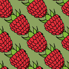Seamless pattern with sweet raspberry on green background. Vector image.