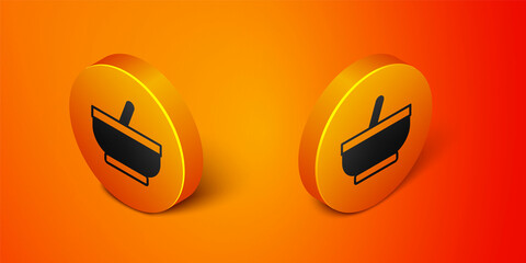 Isometric Mortar and pestle icon isolated on orange background. Orange circle button. Vector