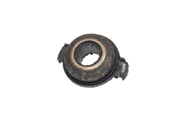 clutch release bearing, worn out, dismantled from car for replacing, isolated on white background