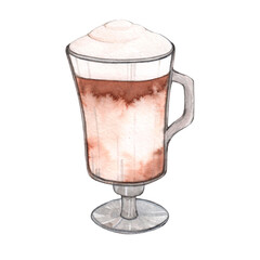 Watercolor drawing glass with latte isolated on white background. A mug of coffee with milk.