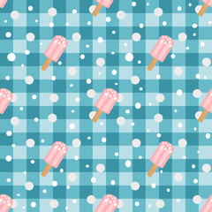Ice cream isolate on Gingham ,Scott seamless pattern. Texture from rhombus,squares for dress, paper,clothes,tablecloth.,net, grid.Copy space for your text and your business.Vector illustration 