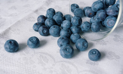 view of a freshly picked blueberries on the old white blanket