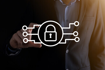 Cyber security network. Padlock icon and internet technology networking. Businessman protecting data personal information on tablet and virtual interface. Data protection privacy concept. GDPR. EU