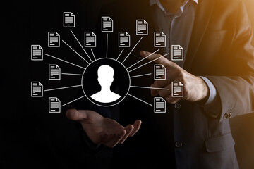 Document Management System DMS .Businessman hold user and document icon.Software for archiving, searching and managing corporate files and information.Internet Technology Concept.Digital security.