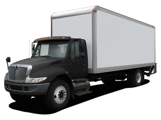 Modern delivery truck with a black cab. Front side view isolated on white background.