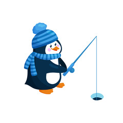 Penguin in hat and scarf in underwater fishing in winter. Cute penguin character with rod is fishing from hole. Winter activity vector illustration isolated on white background