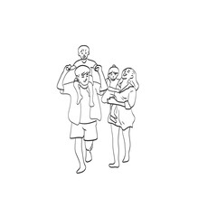 Fototapeta na wymiar line art happy young family walking on beach illustration vector isolated on white background
