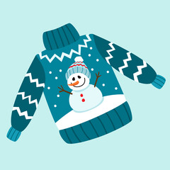 Ugly Christmas sweater with snowman. Isolated vector.